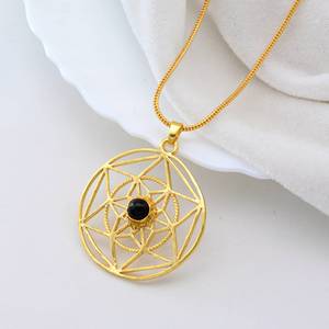 Brass Gold Plated Sacred Geometry Pendant With Black <b>Onyx</b> Healing Stone <b>Necklace</b> Boho Spiritual Jewelry For Women - Product Image 1