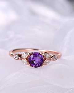 Bague de fiançailles en améthyste, argent 925, plaqué or rose 14 carats, feuille marquise, style Art Déco, ensemble de mariage vintage - Product Image 1