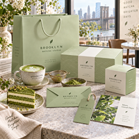Ensemble d'emballages personnalisés AT PACK pour matcha avec boîte cadeau et sac en papier imprimés du logo pour les cafés de matcha, les salons de thé et les marques de boissons