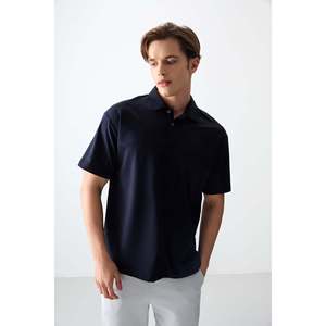 T-shirt basique pour homme bleu marine, en coton épais et doux, coupe ample avec col polo - 88382, tissu tricoté - Product Image 6