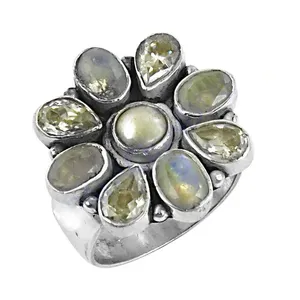 Vintage 925 <b>Silver</b> Flower Cluster <b>Ring</b> with Oval Cut Diamond Bezel Setting Trendy Cocktail <b>Ring</b> Women's Everyday Wear - Product Image 1