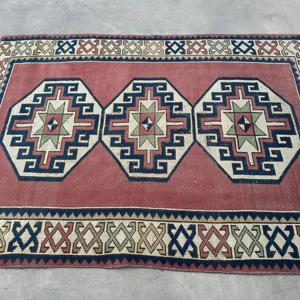 Turkish Vintage Rug 4.3x5.9 ft (131x180 cm), <b>Red</b> Bordered <b>Wool</b> Rug - Product Image 3