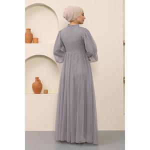 Grey MSW12238-5 Evening Dress with Pearl Detail <b>Tulle</b> <b>Material</b> Polka Dot Pattern Maxi Length Natural Waistline - Product Image 5