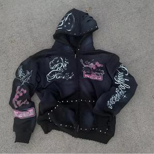 Ensemble de sweat-shirt à capuche personnalisé pour homme, imprimé à l'écran, lavé, avec pantalon de survêtement à jambes évasées, orné de strass, pour l'hiver - Product Image 3