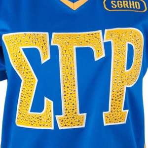 Sigma Gamma Rho SGRho Greek Sorority Royal Blue Gold Football Jersey 100% Polyester Team Logo Front <b>Back</b> Shoulder Embroidery - Product Image 4