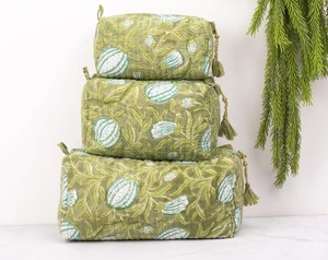 Hermoso azul Floral hecho a mano respetuoso con el medio ambiente resistente al agua duradero Vintage acolchado algodón maquillaje estuche conjunto tamaño mediano 3 uds - Product Image 2