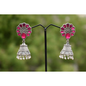 Boucles d'oreilles créoles jhumka en laiton imitation argent, aspect lourd, pour filles et femmes - Product Image 2