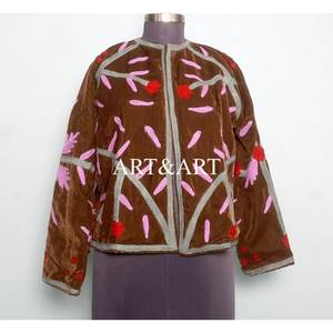 Chaqueta Corta de Mujer, Bordada a Mano, Estilo Bohemio, Floral, de Terciopelo, Acolchada, Ecológica, con Forro de Algodón, Hecha a Mano - Product Image 1