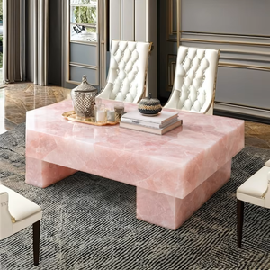 Mesa de Comedor y Conferencia de Cuarzo Rosa Natural de Lujo |   Mesa de Cuarzo Rosa con Gemas Semipreciosas Pulimentadas Hechas a Mano - Product Image 1