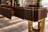Bureau de direction de luxe sur mesure, fabricant de meubles en Turquie, placage en noyer, façade cannelée, base en laiton, bureau de PDG sur mesure