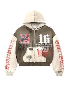 Haute qualité 500 Gsm coton en détresse Vintage Zip Hoodie pour hommes-Acid Wash Graphic Rhinestone Heavyweight Woven Solid Hoodie - Product Image 4