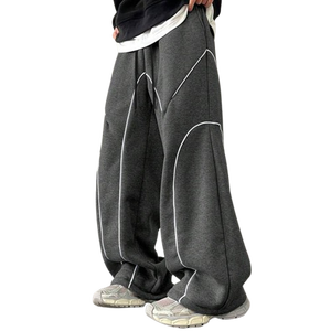 Pantalones de chándal de pierna ancha gris oscuro para hombre, 100% algodón, tela de pana pesada lavada, ajuste drapeado suelto, cordón de puntada curvada - Product Image 1