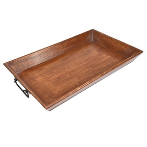 Plateau de service en bois massif écologique avec poignées en métal forgé, plateau rectangulaire en bois durable, plateau de service en bois en gros - Product Image 1