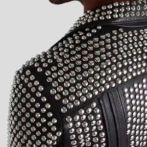 Factory Direct Men's Studded Black Leather Biker <b>Jacket</b> <b>Punk</b> Rock Style Wholesale Orders Casual Breathable V-neck Canvas - Product Image 4