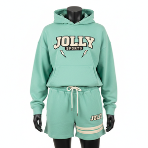 Ensemble sweat à capuche et short en molleton de coton et polyester de qualité supérieure pour femme, vert menthe, vêtements de sport, impression de logo personnalisé, broderie pour femme - Product Image 4