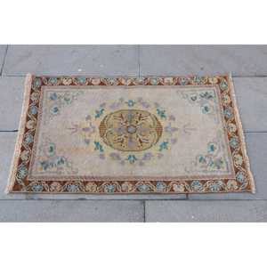 Turkish Vintage Small Rug 1.9x3.1 ft, <b>Brown</b> Blue Striped <b>Wool</b> Rug - Product Image 4