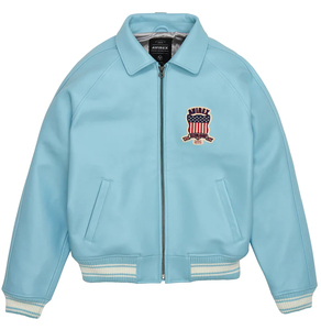 Best Selling Avirex <b>Men's</b> Custom Size <b>Leather</b> <b>Jacket</b> in Blue Stand Collar High Street Style <b>Leather</b> <b>Jacket</b> - Product Image 5