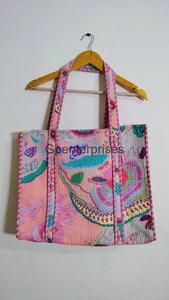 Traditional Indian Kantha Quilted Hand Block <b>Floral</b> Printed <b>Tote</b> <b>Bag</b> Large Casual Trendy Custom Fashion Accessory - Product Image 5