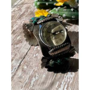 Arthur J Williams Vintage Turquoise & Sterling <b>Silver</b> Watch <b>Cuff</b> <b>Bracelet</b> Fashionable Vintage <b>Bracelet</b> - Product Image 3