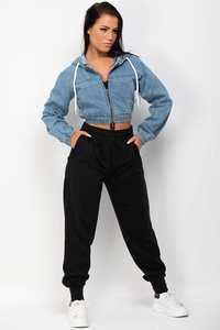 Best Selling Premium Custom Logo Blue <b>Cropped</b> <b>Denim</b> <b>Jacket</b> With Hood & Zip Fastening Designed For Women For All Seasons Comfort - Product Image 6