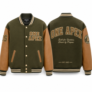 Custom <b>Men's</b> Olive Green Varsity <b>Jacket</b> Wool Body PU Leather Sleeves Chenille Embroidery Letterman <b>Baseball</b> <b>Jacket</b> OEM - Product Image 2