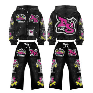 Sudadera con capucha personalizada y pantalones apilados conjunto ácido lavado DTG impreso teñido holgado Crop Flared chándales streetwear moda mayorista - Product Image 1