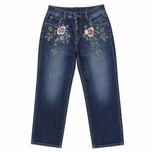 Jeans de mezclilla ajustados azul oscuro para mujer, cintura media, con estampado floral bordado, teñido en prenda, lavado a la piedra, estilo vintage, casual, de verano. - Product Image 1