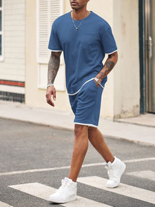 Ensemble de t-shirts et shorts en coton 100% personnalisé en gros, décontracté, respirant, tricoté, à manches courtes pour hommes - Product Image 2