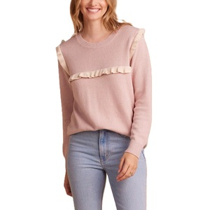 <b>Women's</b> Casual Winter Crew Neck <b>Knitted</b> Pullover <b>Sweater</b> <b>Cable</b> Body Gored Stitches Yoke with Ruffles - Product Image 1