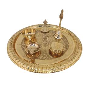 Pooja งานแต่งงาน Mandap ยินดีต้อนรับ Thali ทําด้วยมือโลหะชุบทอง Pooja Thali พร้อมขาตั้ง Agarbati และผู้ถือไดยาไดวัลลี่ - Product Image 5