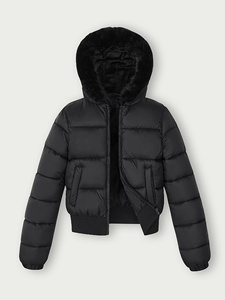 Blouson matelassé pour femme, à capuche, manches longues, fermeture éclair, vêtement d'extérieur d'hiver léger, noir, avec garniture en fausse fourrure, court - Product Image 1