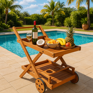 Carrito de barra de madera sólido de 2 niveles con ruedas, carrito para servir vino y bebidas para el patio exterior del hotel en casa - Product Image 1