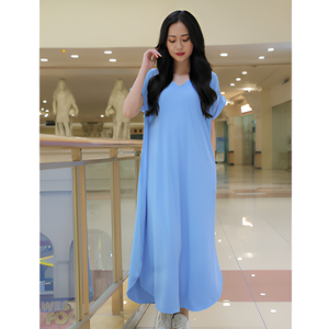 ชุดเดรสยาวคลุมเข่าของผู้หญิงผ้าโพลีเอสเตอร์สวมใส่สบายแขนสั้นแบบลำลองมีลาย Kanye ที่นุ่มนวลดีไซน์สีพื้น - Product Image 1