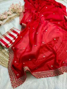 Sari rojo de seda suave de diseñador indio clásico de moda última fiesta nupcial exclusiva ropa de boda con blusa étnica para mujeres niñas - Product Image 2