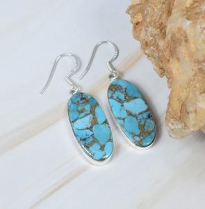 Boucles d'oreilles en cuivre Turquoise 925 argent Sterling pierre précieuse crochet boucle d'oreille décembre pierre de naissance bijoux faits à la main forme ovale cadeau pour elle - Product Image 4