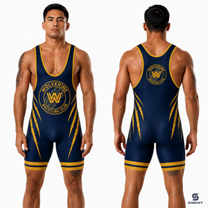 SINGLET DE LUTTEUR PERSONNALISÉ POUR HOMME SINEWY, TISSU EXTENSIBLE Ajusté, IMPRESSION AVANT LOGO BLEU ET DORÉ, VÊTEMENTS DE SPORT - Product Image 1