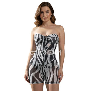 Top Corset de Malla con Estampado de Cebra en Blanco y Negro de Moda con Pantalones Cortos de Cintura Alta de Malla |   Conjunto de Dos Piezas Transpirable para Mujer para Fiestas - Product Image 6