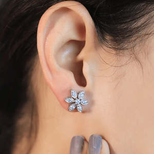 NOVAMART Fine Zarkan Lily Zircon <b>Silver</b> <b>Stud</b> Trendy Religious Wedding Featuring Flower Heart Shape Made Stainless Steel Titanium - Product Image 1