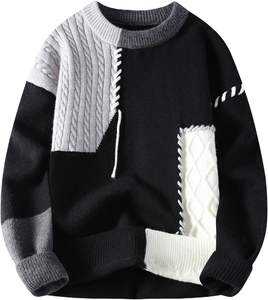 Pull en tricot patchwork pour hommes pull chaud d'hiver décontracté noir gris blanc bloc de couleur mode col rond tricots doux - Product Image 1
