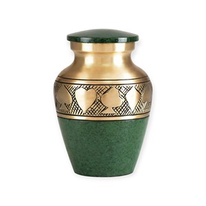 Urna Conmemorativa de Metal Verde y Dorado con Elegante Banda con Diseño de Hojas y Tapa de Piedra Pulida - Product Image 1