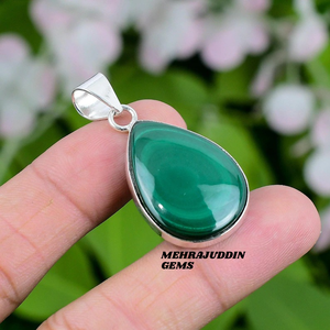 Collier pendentif en argent sterling 925 fait à la main pour enfants, tendance, en forme de poire, avec pierre précieuse malachite, avec poinçon 925 - Product Image 1