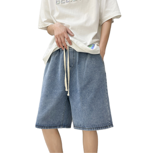 Shorts en jean pour hommes, shorts amples fins d'été, style décontracté américain, lavés, taille élastique, pantalon droit - Product Image 1