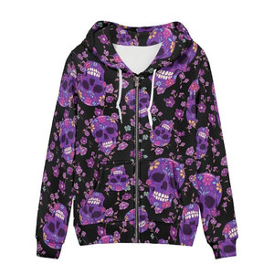 Sudadera con Capucha de Invierno con Estampado Floral de Calavera de Azúcar Morada Premium, Arte del Día de los Muertos, Bolsillos Delanteros, Cordón Ajustable, Tela de Felpa - Product Image 1