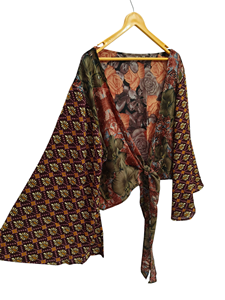 Haut en soie pour femme multicolore doux vêtements de maison chemisier en soie multicolore haut court portefeuille chemise taille libre - Product Image 4