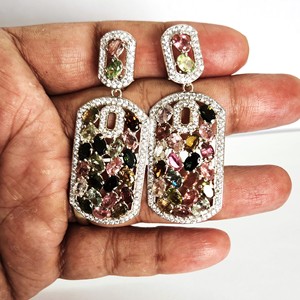 Customizable 925 <b>Silver</b> <b>Earrings</b> Multi-Tourmaline Gemstones <b>Long</b> Dangle Design Trendy Quartz for Women-for Weddings Parties Gift - Product Image 5