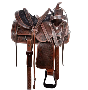 Ensemble de selle de cheval western Premium MH Global Exports, cuir de vache naturel, cuir véritable, siège classique confortable, quincaillerie en laiton - Product Image 1