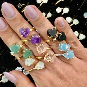 Dual Quartz <b>Rings</b> <b>Resizable</b> Classic Style with Mix Shape Gold Plating - Product Image 1