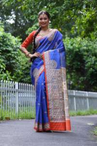 Sari en soie Tussar douce pour femme avec pallu contrastant traditionnel et bordure unique, fabriqué en Inde, en stock - Product Image 4