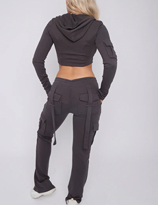 Alta calidad 100% algodón de dos piezas Crop Top Zip up sudadera y Cargo Joggers Set Custom Embriordery Logo Hip Hop Chándal - Product Image 6