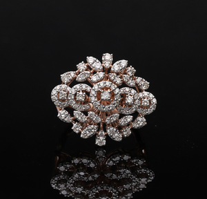 Exquisito Anillo de Oro Rosa con Diamantes Naturales, Diseño Floral en Racimo, Chapado en Rodio, Estilo Clásico, Diamantes de Corte Brillante, Intrincado - Product Image 2